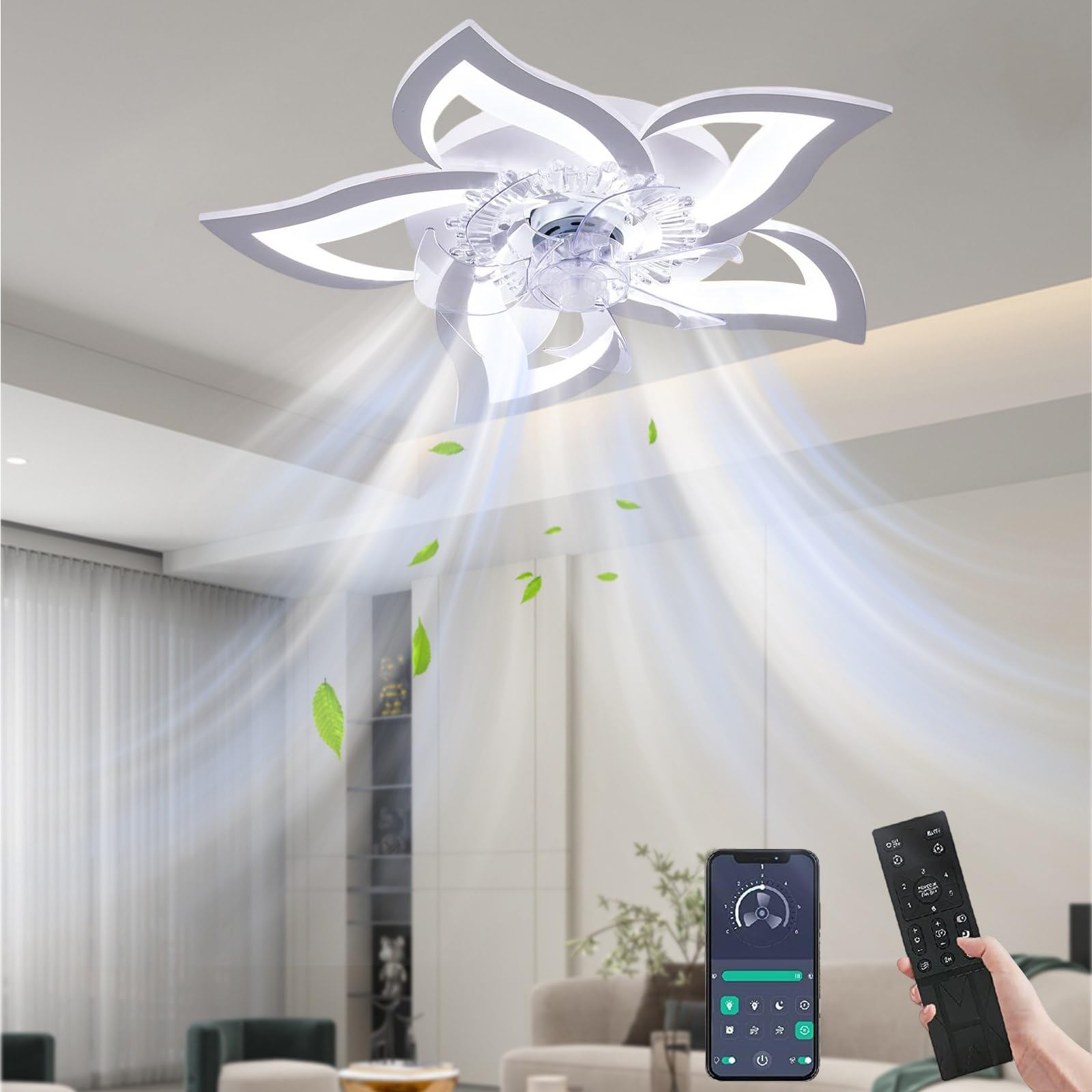 Lwxjjer Ceiling Fans with Lights, Silent Ceiling Reversible Fans with 6 Speeds, 2H Timing and Remote Control, Flower Shape Dimmable Ceiling Fan and Light for Bedroom Kitchen (White)