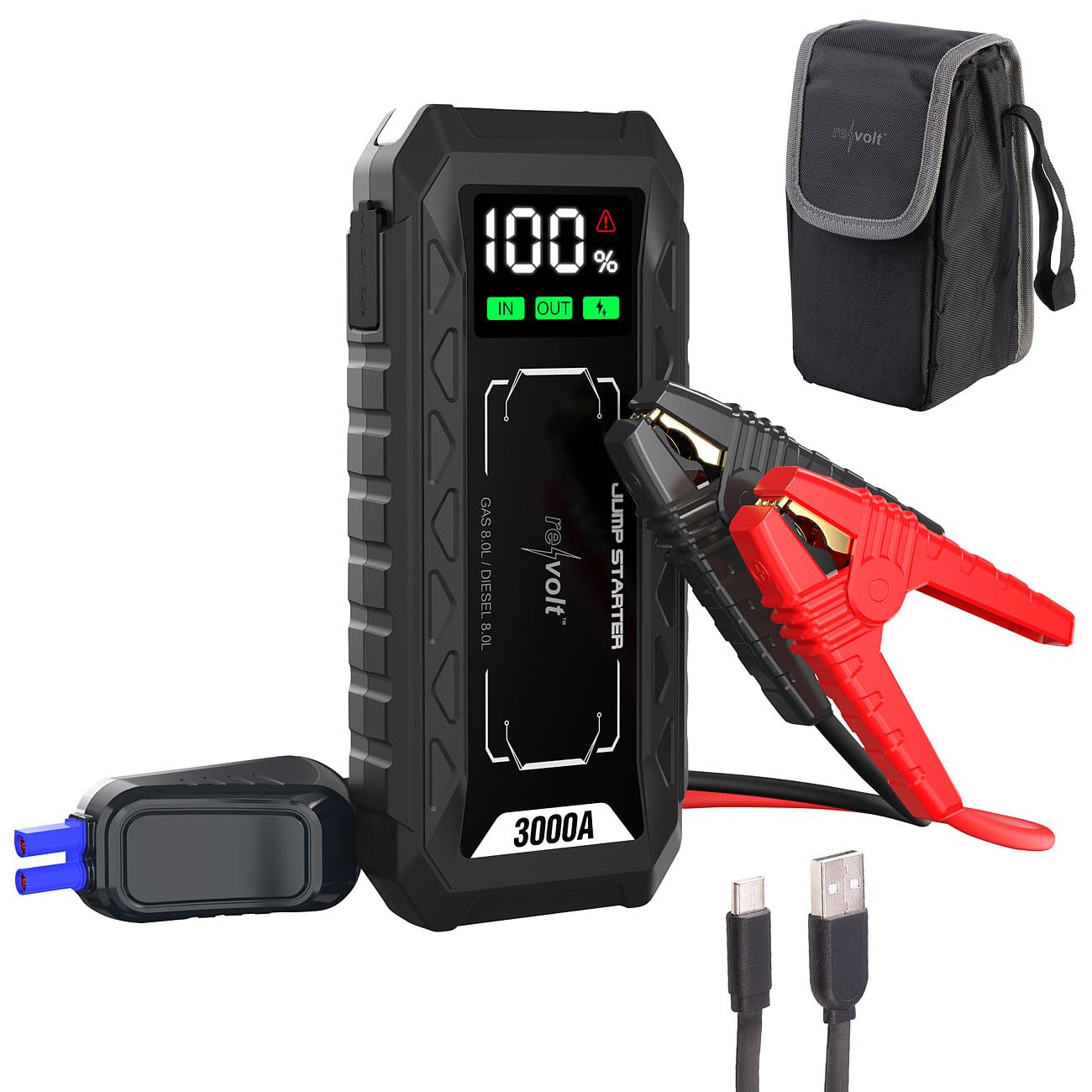 revolt Starterhilfe: 3in1-Kfz-Starthilfe & Powerbank mit 20 Ah, 3.000 A, 60 W PD, QDSP, LED (Kfz Starter, Batterie Ladegerät, Jump)
