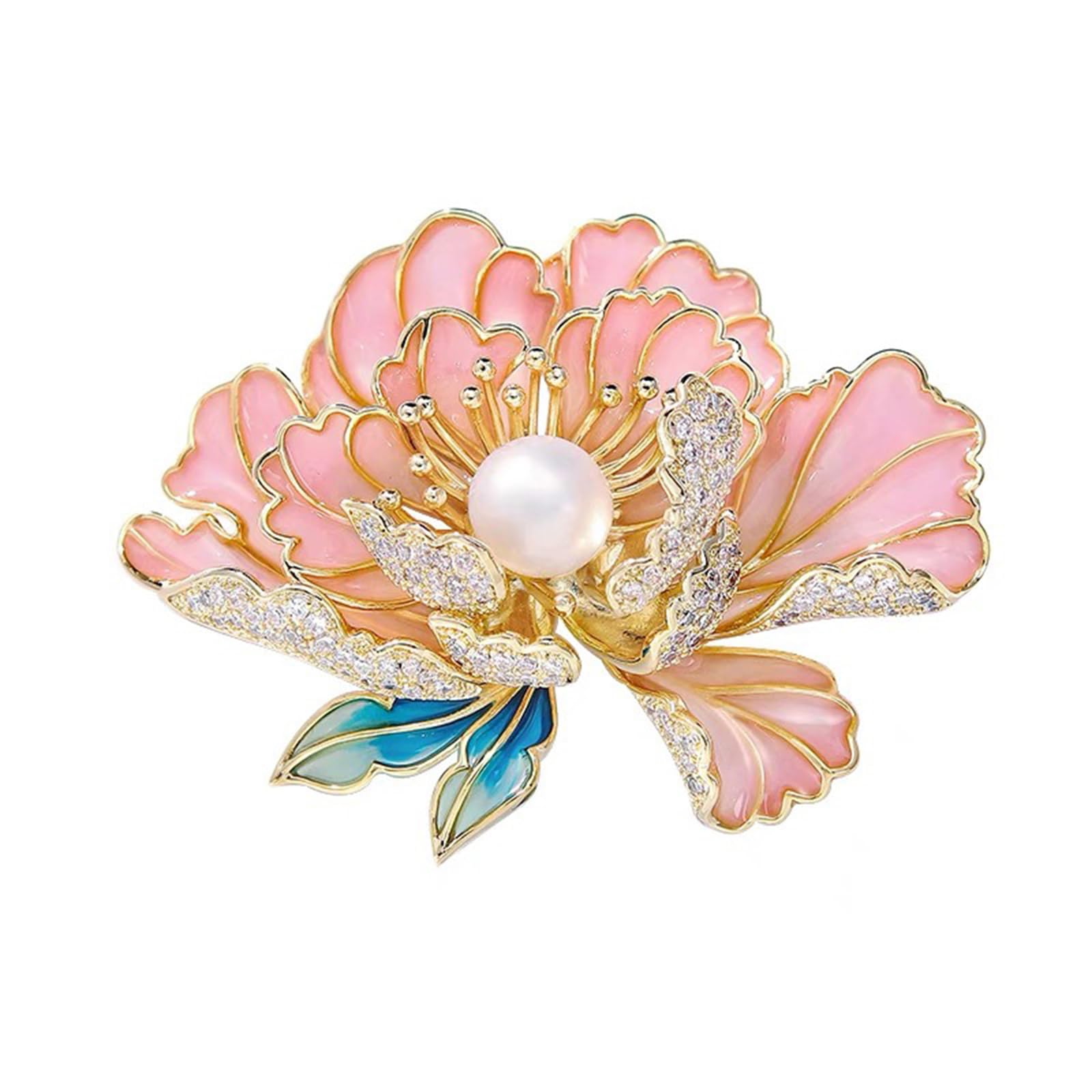Dainty Flower Brooch Pins for Women Graceful Cubic Zircon Peony Pearl Enamel Badges Lapel Pins Trendy Banquet Prom Dress Jewelry Accessories Gift