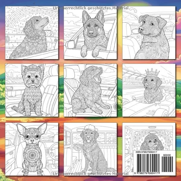 Hunde im Autos Mandala Malbuch Für Erwachsene: Ruhige und unterhaltsame Aktivitäten für alle – Jugendliche, Erwachsene und Hundefreunde