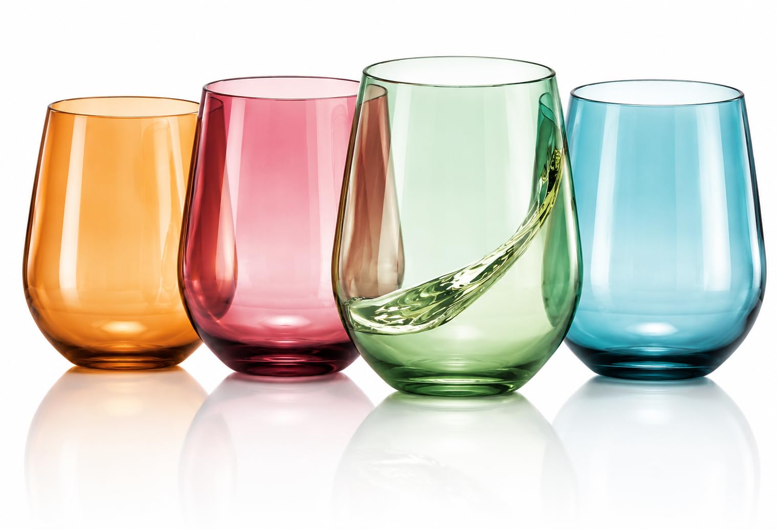 Tritan - Copas de vino de plástico sin BPA, inastillables, sin tallo, juego de 4, vasos de vidrio acrílico, colores irrompibles, reutilizables, aptas para lavavajillas, cristalería multiusos de 15