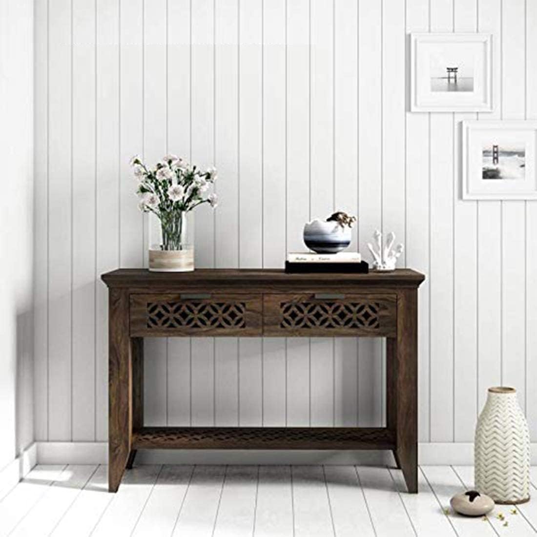 GFH Sheesham Wood 2 Drawers Console Table for Living Room | Foyer Side Entrance Table for Home | Entryway Table with Shelf Storage | Walnut Finish
