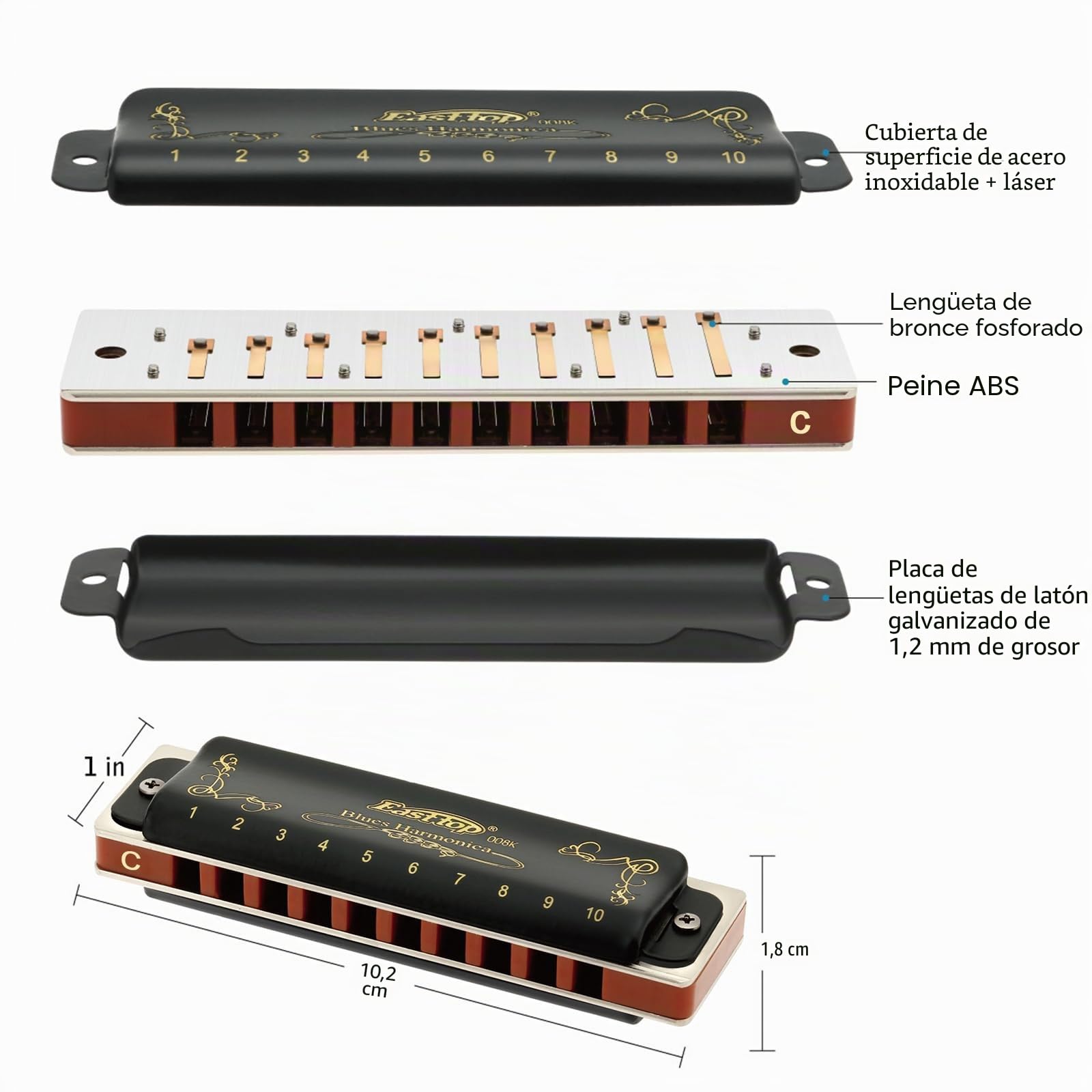East top T008K Armónica C diatónica de 10 agujeros y 20 tonos con estuche negro, Armónica azul para adultos principiantes, estudiantes y niños como el mejor regalo