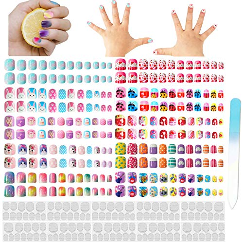 240 pcs 10 Style Children Nails Cartoon Press on Pre-glue Full Cover Glitter Gradient Color Rainbow Short False Nail Kits with One Crystal Nail File Great Christmas Gift for Girls Kids