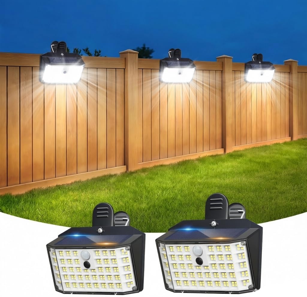 Clip on Solar Lights Outdoor with Motion Sensor, 800LM 176LED Solar Fence Lights Outdoor Waterproof, 3 Modes & Portable Security Lights for Chain Link Patio Deck Yard Garage (2Pack)