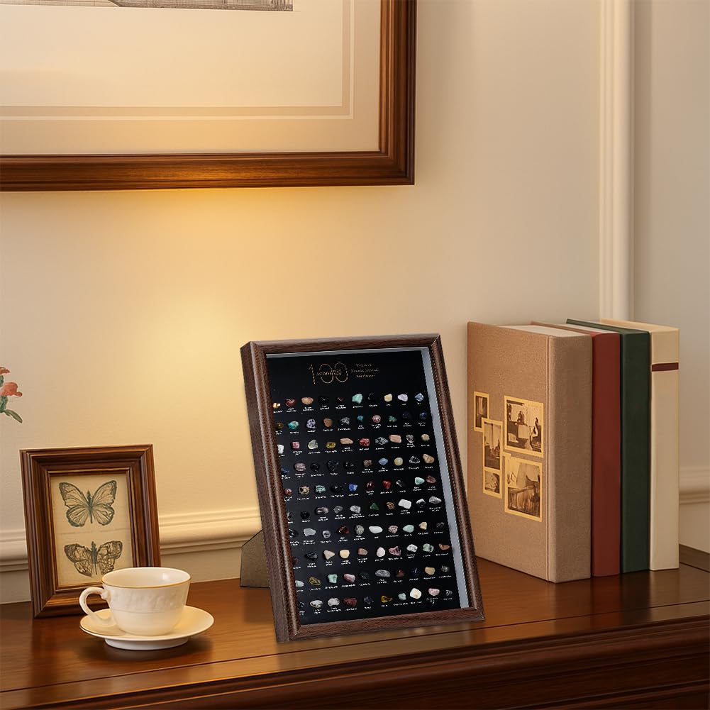 PH PandaHall Kit di Pietre e Minerali da Collezione Set di Pietre Preziose, 100pz Cristalli Pietra Minerali Naturali Cornice Espositiva per Casa Ufficio Scrivania Decorazione, 23x32cm