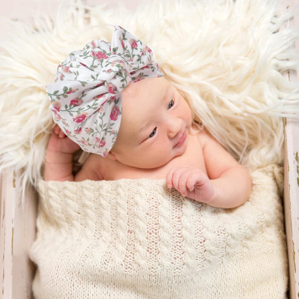 4PCS Baby Turban Hats, Flower Pattern New Born Baby Hats Hospital Hat Beanie Infant Bow Knot Turban for Toddler Girls