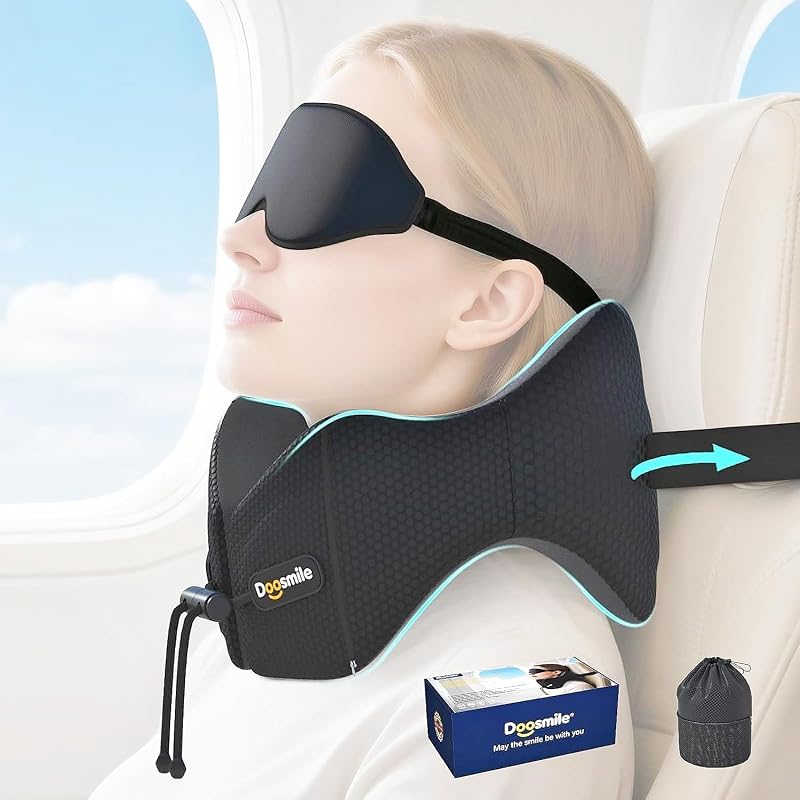Patented Head-Bobble-preventing Ergonomic Travel Neck Pillow Combo | Game-Changer Adjustable & Detachable Seat Strap for Head-stability，Exclusive Golden Formula Memory Foam，3D Contoured Eye Mask