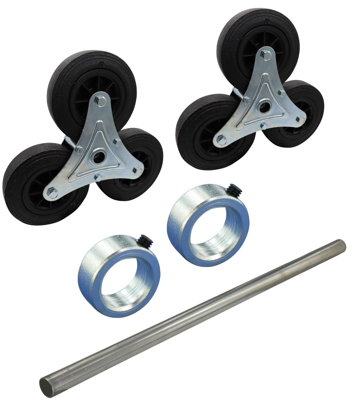 Rollentechnik Kit di conversione da carrello a carrello per scale, 2 stelle della ruota, 1 asse completo, 2 anelli di regolazione