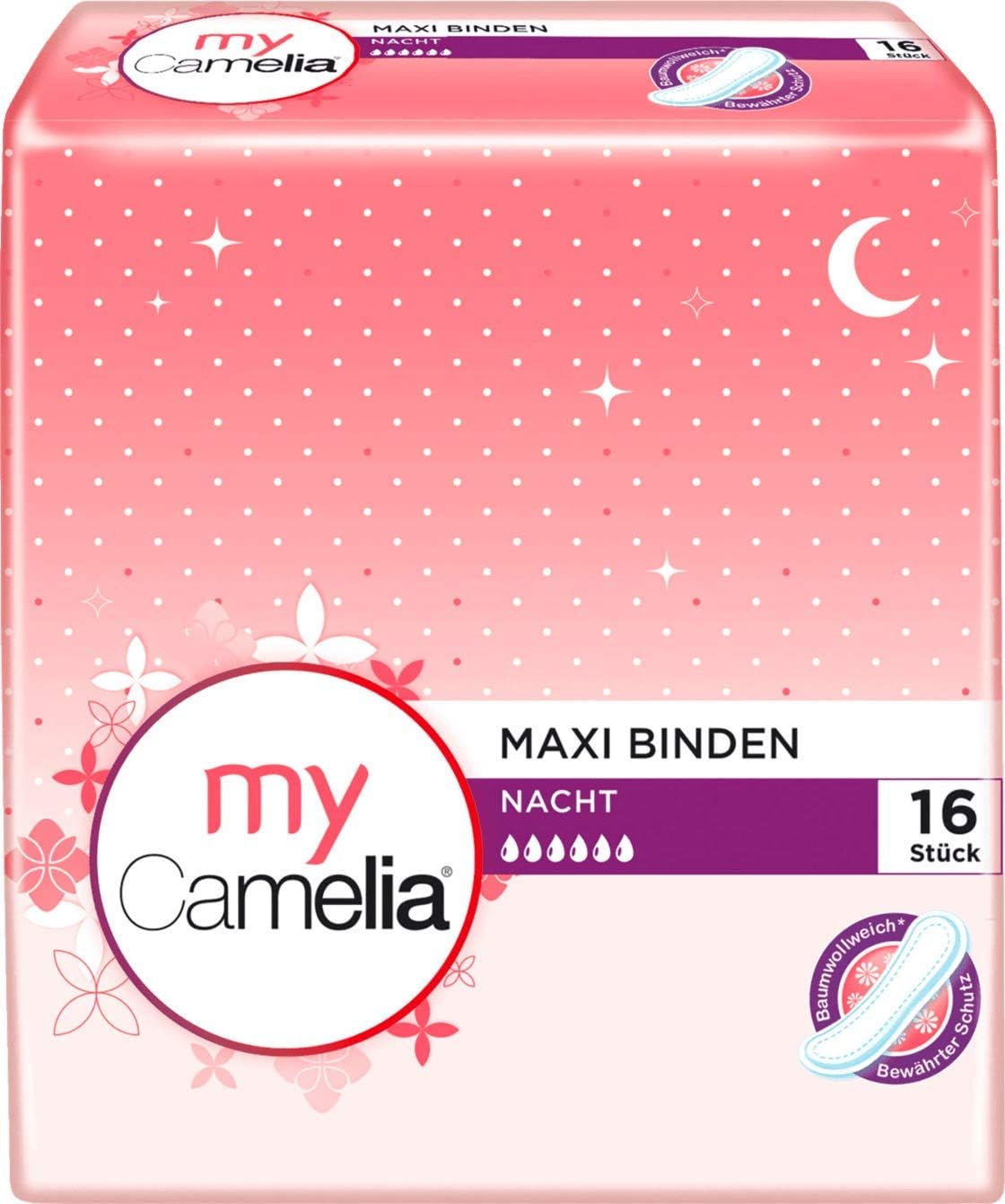 Camelia Maxi Sanitary Towels Night Pack of 5 (5 x 16 Pieces = 80 Count)
