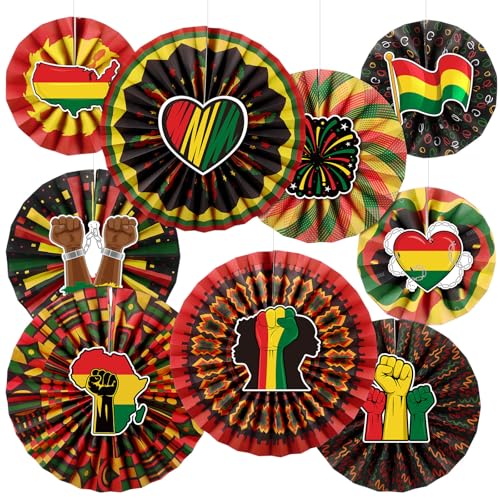 Image of Affrolling 18 Pack Juneteenth Party Decorations Including 9 Pcs Juneteenth Hanging Paper Fans and 9 Pcs African Heritage Sticker Kente Ceiling Wall Garland for African American Party