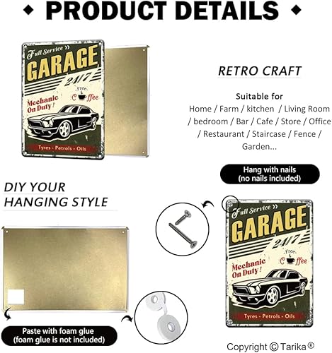 Miniatura 3 de Letrero de lata vintage de garaje de servicio completo, mecánico en servicio, piezas de servicio de automóvil, reparaciones y bebidas, café gratis,