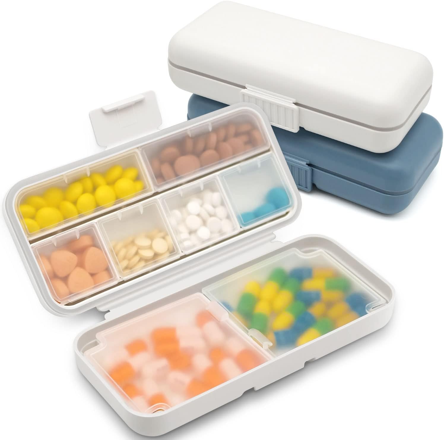 2 Pack Pill Organizer Cases, Pill Container Large Capacity, Moisture Proof Small Pill Box for Pocket Purse, 8 Compartments Pill Holder Portable Medicine Vitamin Wallet (White & Blue)