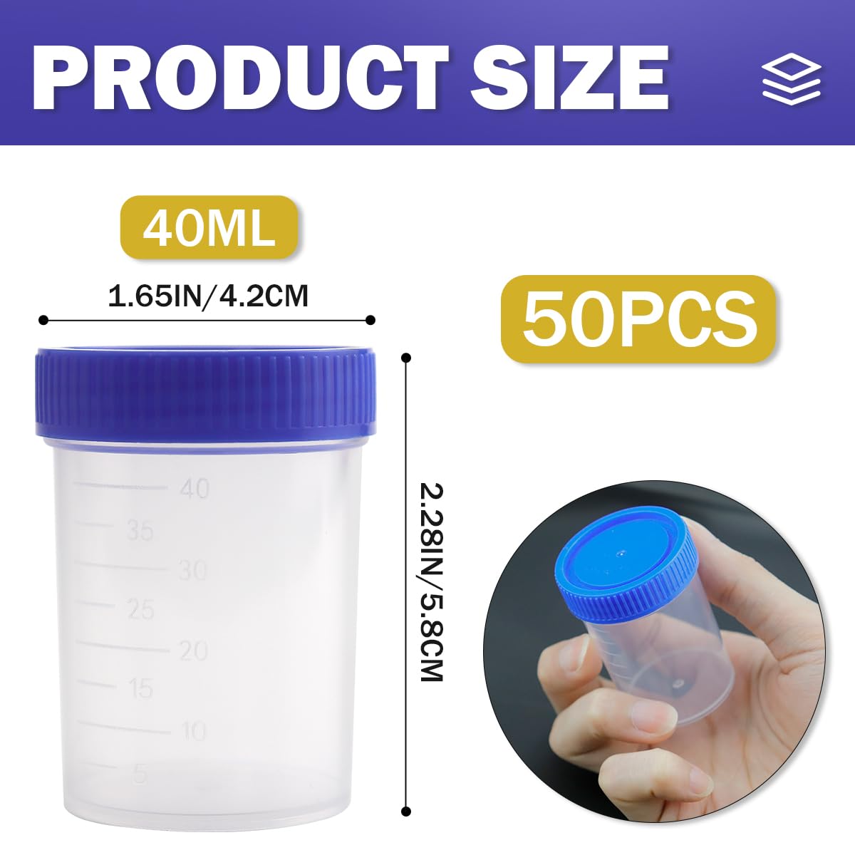 Lot de 50 pots d'échantillons d'urine de 40 ml avec couvercles à visser pour échantillons médicaux