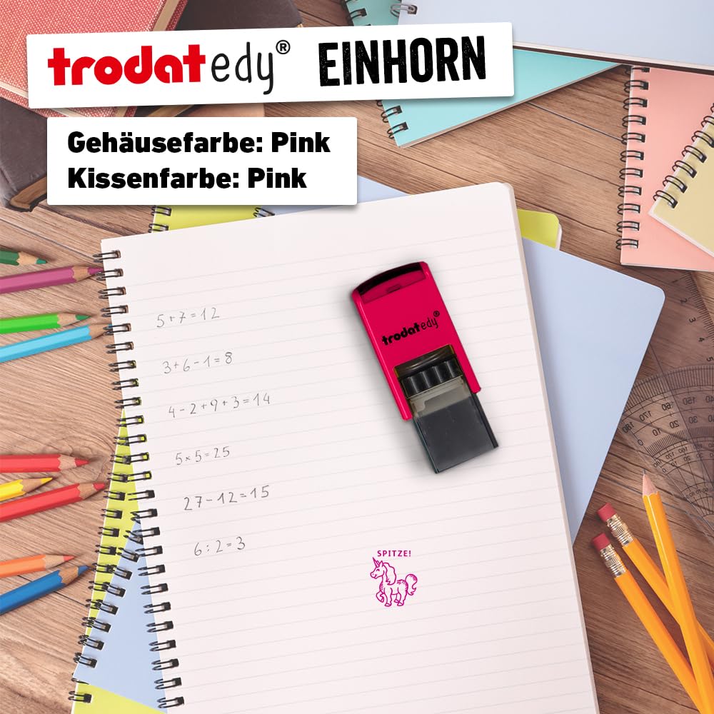Trodat edy FIX pieczątki motywacyjne dla nauczycieli i pedagogów, zestaw pieczątek do motywowania – 1 motyw jednorożca, koronka, niemiecki, koperta różowa, odcisk różowy, samotuszujący, 20 x 20 mm