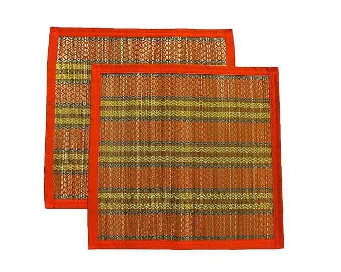 Image of CRAFT OF INDIA Handmade Korai Pai Kusha Grass Pooja Aasan Sitting Floor Mats (Red, 1.5X1.5 ft (2pcs Combo))