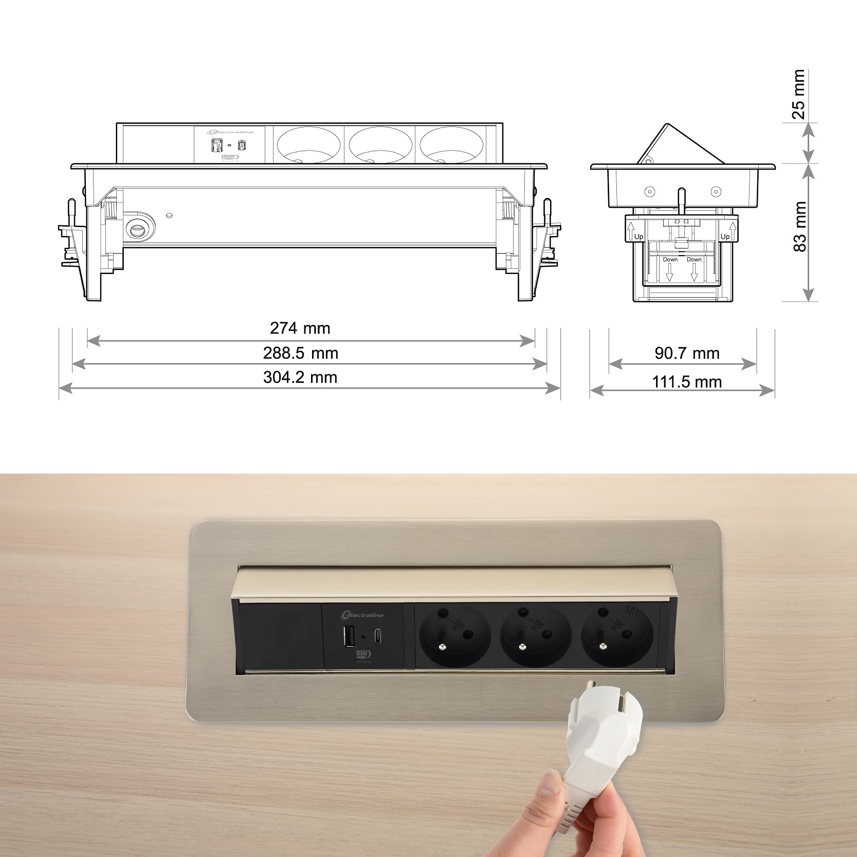 Electraline 35445 - Blocco multipresa retrattile, piano di lavoro con 3 16 A, standard francese + 2 3,1 A + 1 USB tipo C 15,5 W, presa da incasso per cucina, cavo 2 m, nero, orizzontale