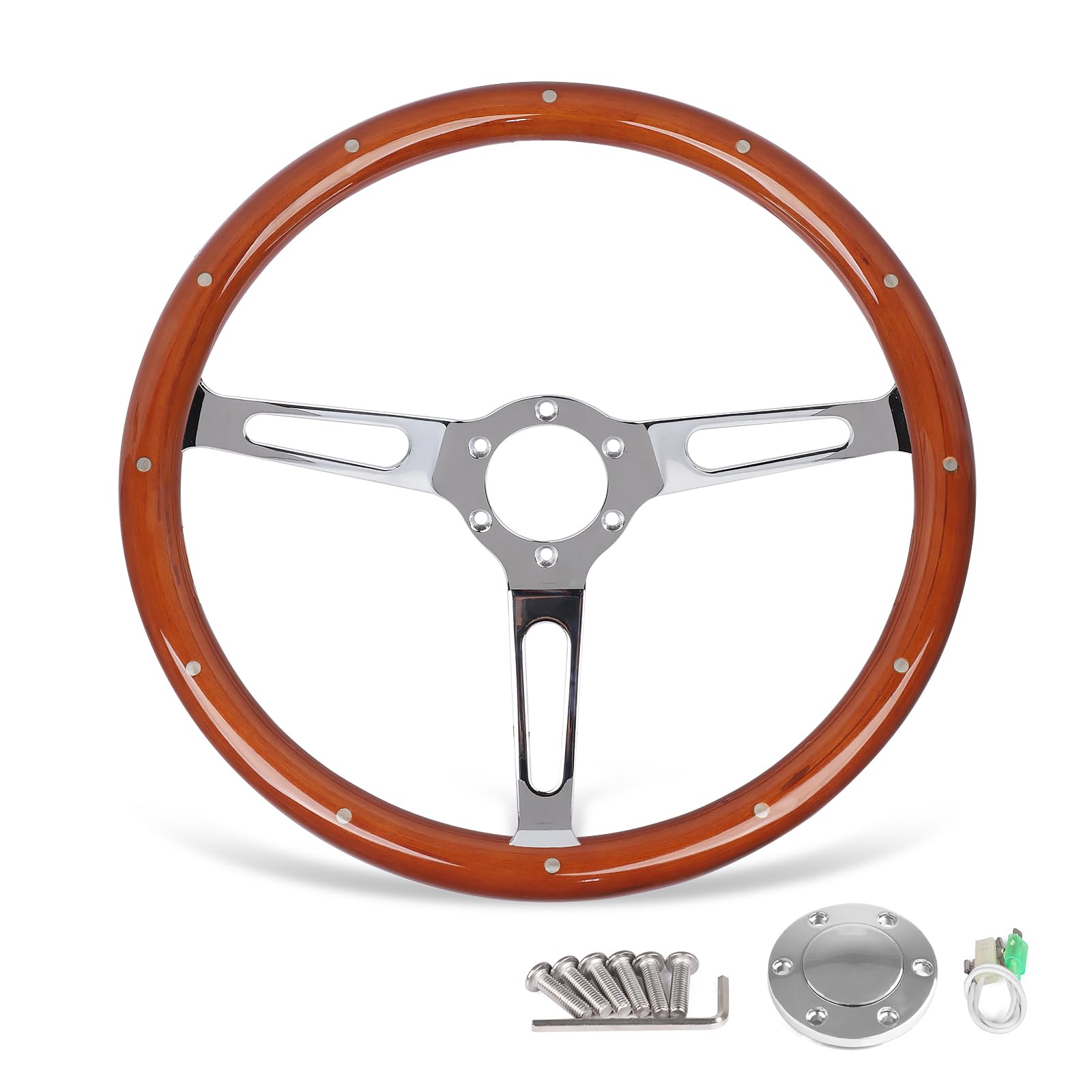 CNSPEED 15" 6 Bolt Classic Wood Grain Steering Wheel With Riveted Light Wood Grip 380mm Universal Car Racing Steering Wheels, 3 Spoke with Horn button