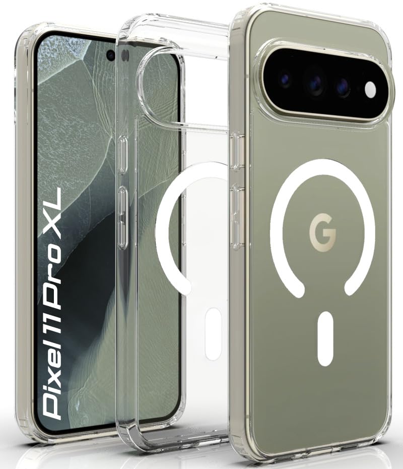 Image of RIGGEAR Shockproof Clear Hybrid Armor Magnetic Back Cover Case Compatible with MagSafe Accessories for Google Pixel 11 Pro XL (Transparent PC and TPU Bumper)