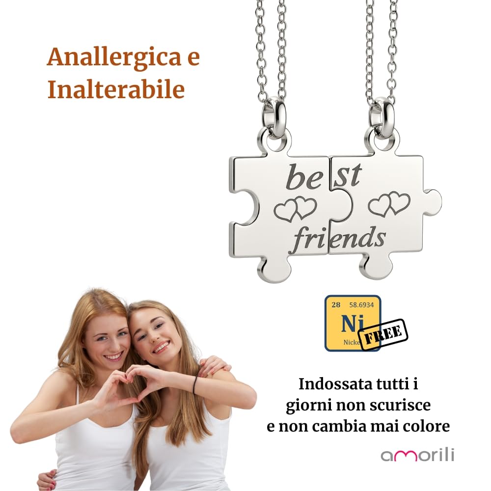 Collana Migliori Amiche BFF Puzzle Divisibile in Acciaio Inox | Set 2 Collane Amicizia | Ciondolo che si Divide | Idea Regalo Amiche Speciali cll1916