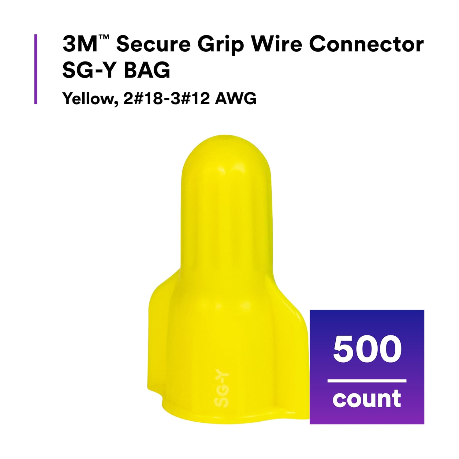 3M Secure Grip Wire Connector SG-Y BAG, Steel Spring Connectors, Yellow Color, Straight Wing Design, Reliable, Insulate, UL Listed, Bag of 500, 18-10 AWG