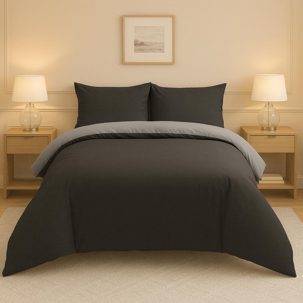 Lions Grey/Black Plain Bedding Set, 2 Pcs Single Duvet Cover With Pillowcase, Brushed Microfiber Reversible Quilt, Super Soft, 135X200cm,