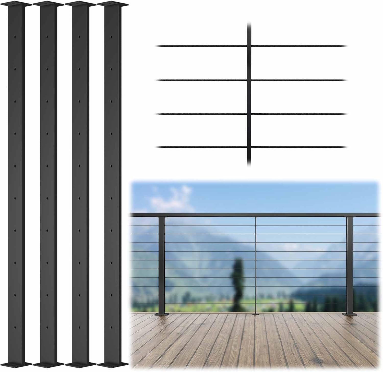 Muzata Black Super Thin Intermediate Cable Railing Post 36 Inch 36"x3/8"x2" Level Drilled Surface Mount T304 Stainless Steel Cable Railing System Kit Indoor Outdoor PS32 BH4S