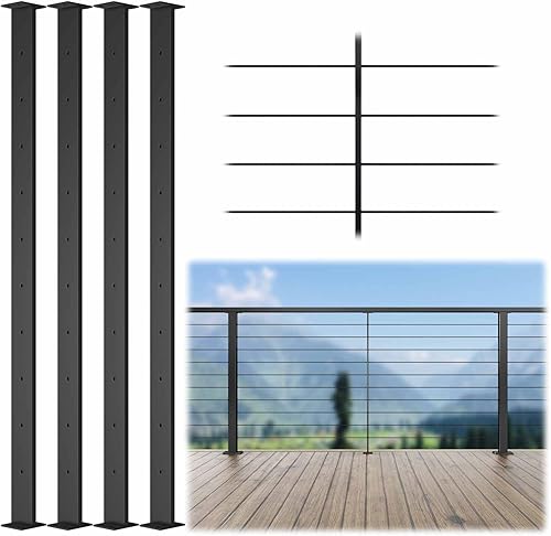 Muzata Paquete de 4 postes intermedios superfinos de 36 x 38 x 2 pulgadas (cuerpo de poste de 35 pulgadas), poste de barandilla de cable perforado