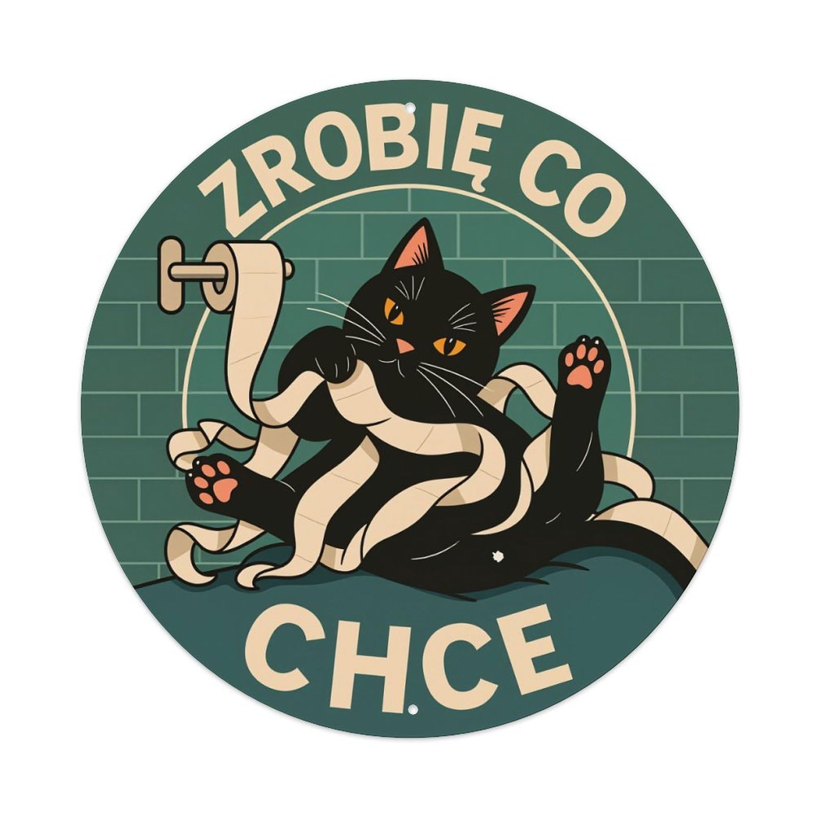 Black Cat With Toilet Paper Round Tin Sign Vintage Style Metal Sign Home Bar Garden Wall Plaque Decor Metal Poster 8x8 Inch