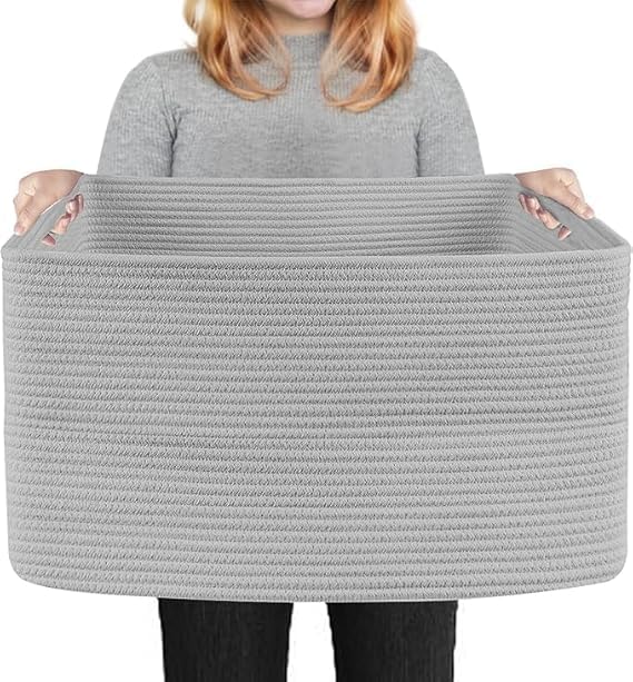 XL Cotton Rope Laundry Basket with Lid - Large Woven Clothing Storage Basket for Dirty Clothes & Bedding - Heavy-Duty Boho Cloth Bag, Bedroom, Bathroom & Washing Area (Natural White)-image-37