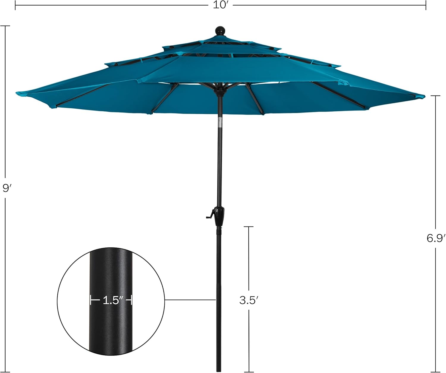 Pure Garden 10 Ft Patio Umbrella - 3-Tiered Sunshade with Push Button Tilt and Easy-Open Crank - Outdoor Umbrella for Deck or Pool (Teal)