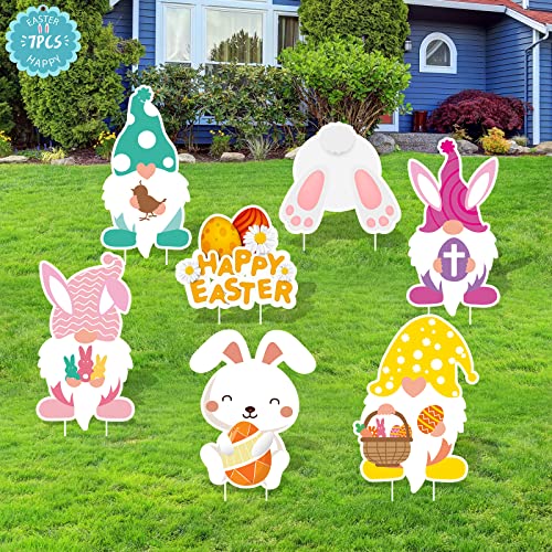 7PCS-Easter-Yard-Signs-Outdoor-Easter-Yard-Decorations-Happy-Easter-Yard-Stake-of-Bunny-Rabbit-Basket-and-Gnomes-Lawn-Decorative-Signs-Waterproof-Easter-Garden-Decals-Garden-Stakes-Party-Supplies