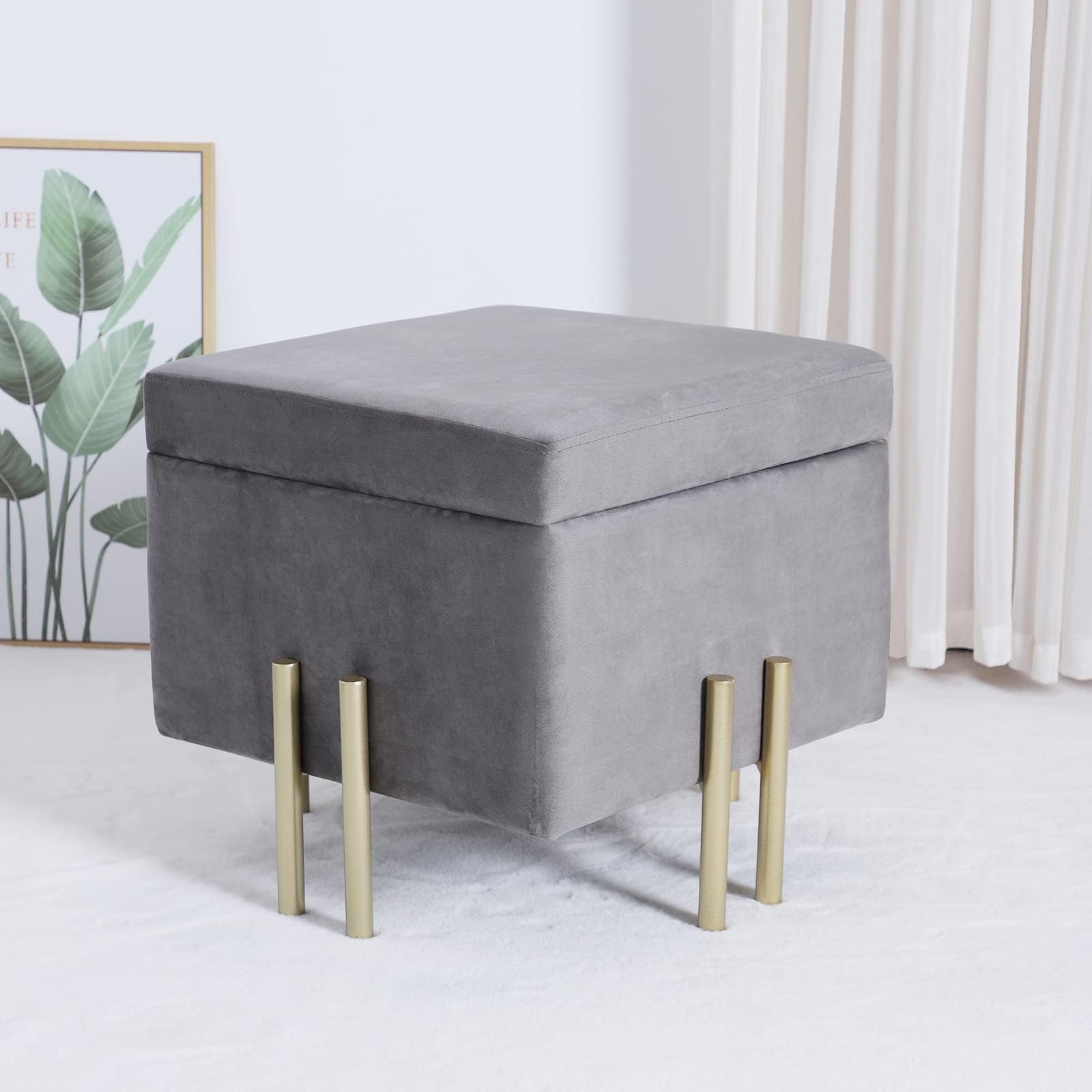 Velvet Storage Ottoman Cube Footstool Dark Grey Upholstered Stool Square Footrest with Gold Metal Legs Vanity Stool for Bedroom Living Room Entryway (Dark Grey, Large)