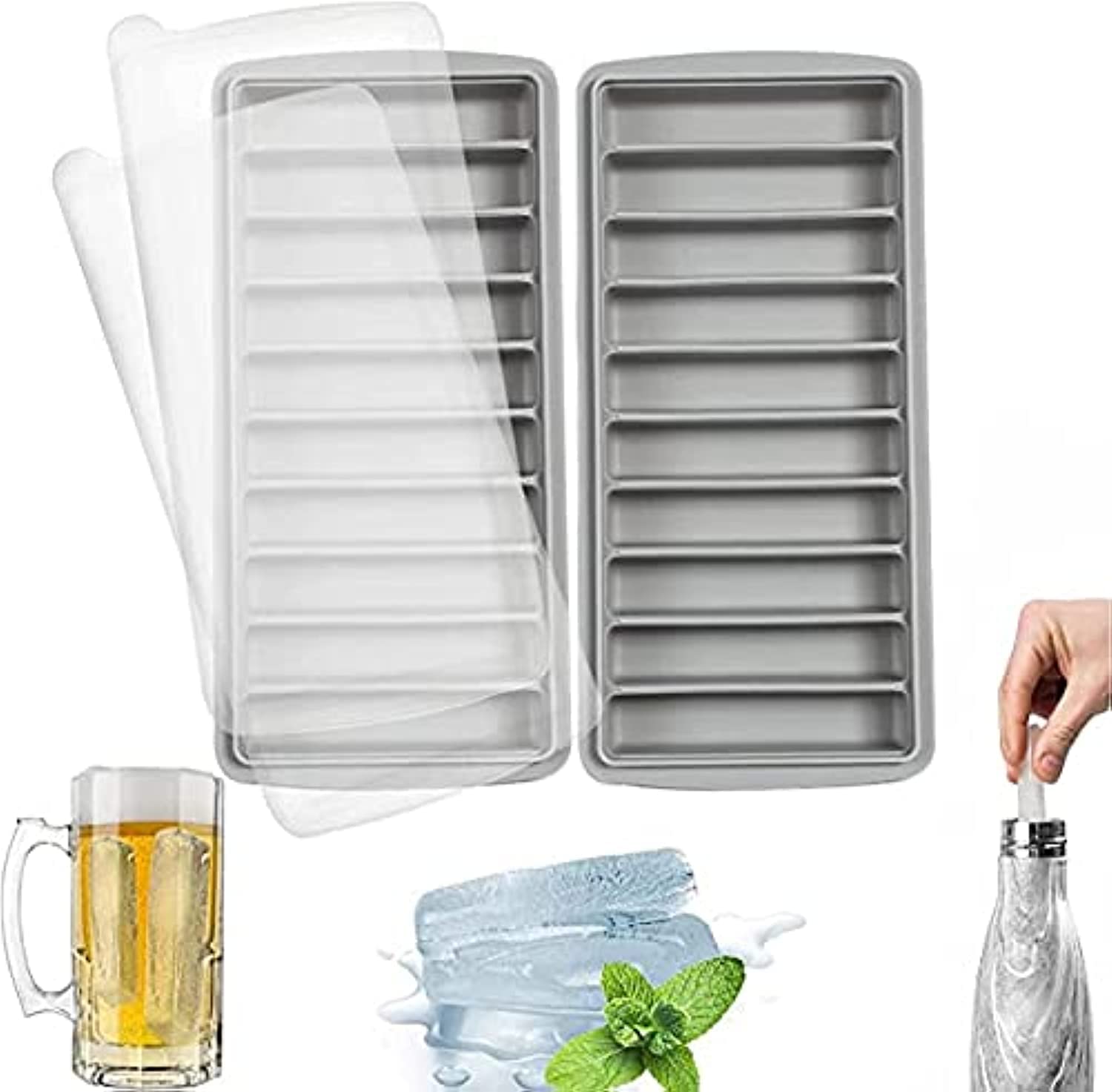 ELECDON Narrow Ice Cube Trays With Lid, Long Stick Tray Silicone, Rectangular, Reusable, Flexible, Easy Release, Ideal for Sports and Water Bottles, Juice Bottles, Parties