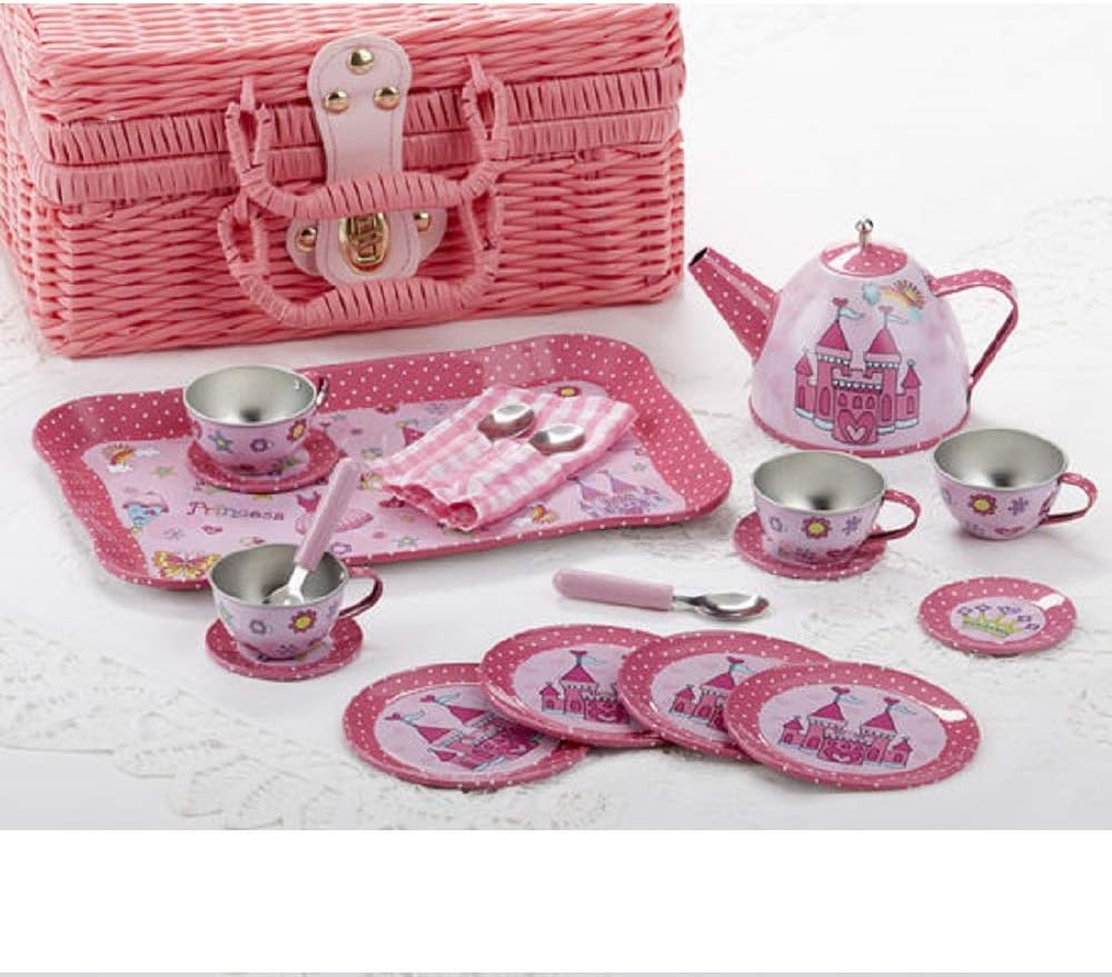 Delton Tin 19 Pcs Tea Set in Basket, Castle