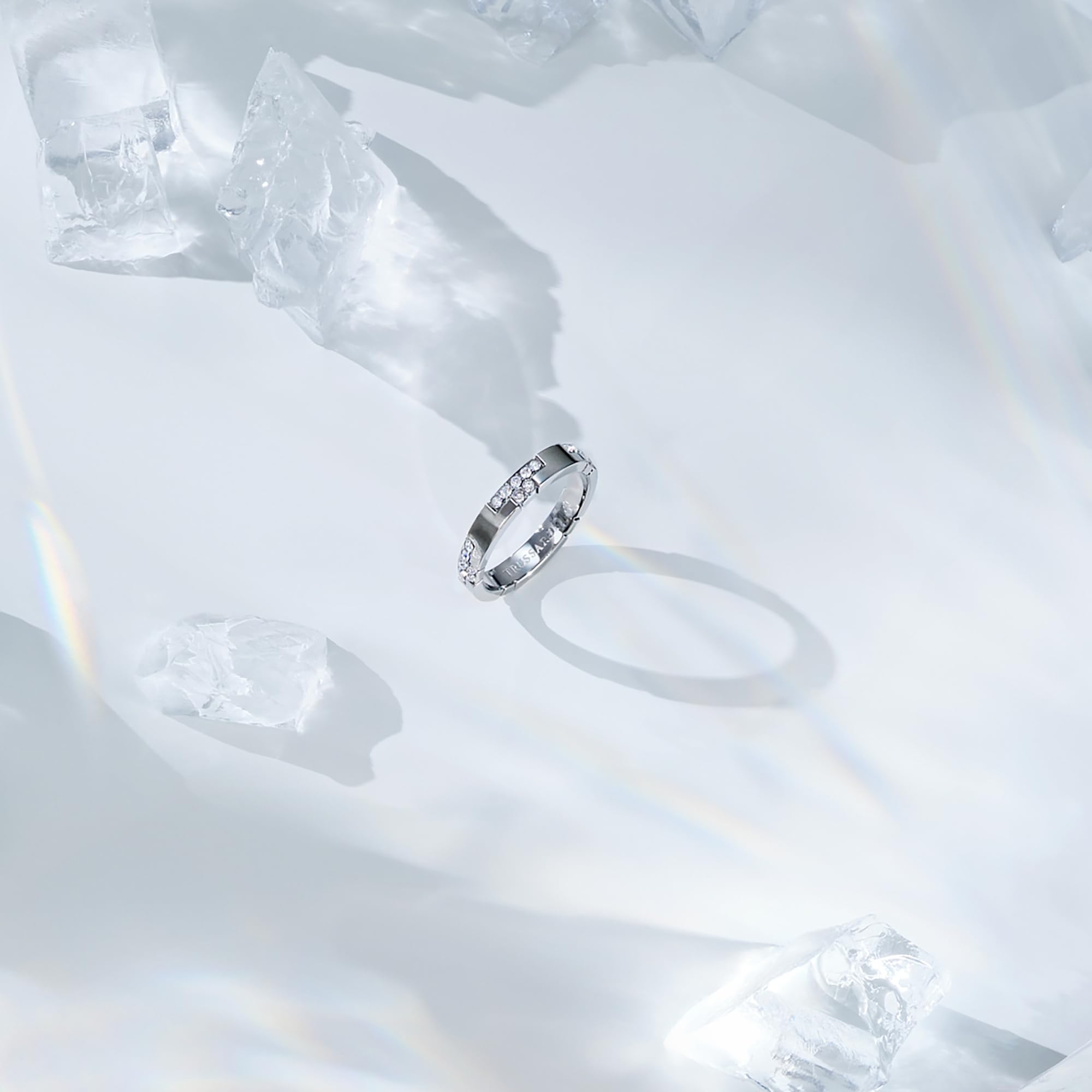 TRUSSARDI Anello Donna in Acciaio, Cristalli, Collezione T-LOGO, Regalo Fidanzata