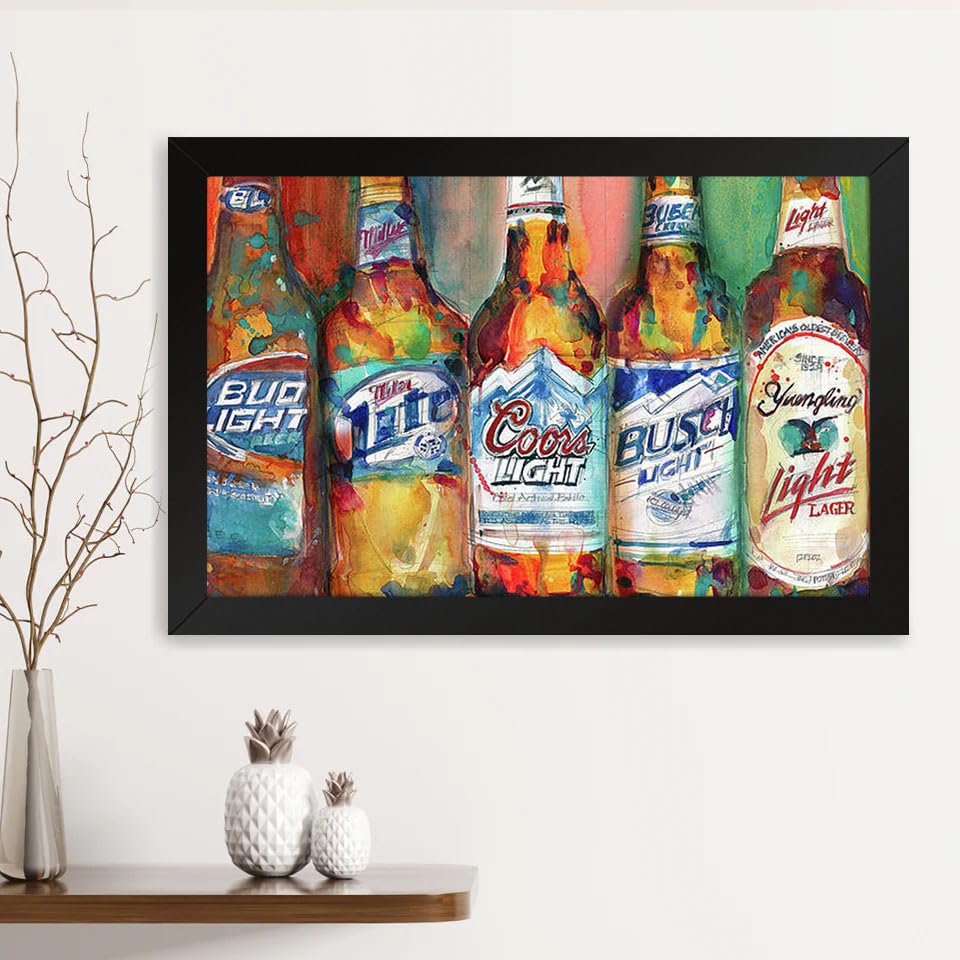 Printed Photo Frame Matte Painting for Home Office Studio Living Room Decoration (14x11inch Black Framed) - Bud Light Miller Lite Coors Light Busch Light Yuengling Light Combo Beer
