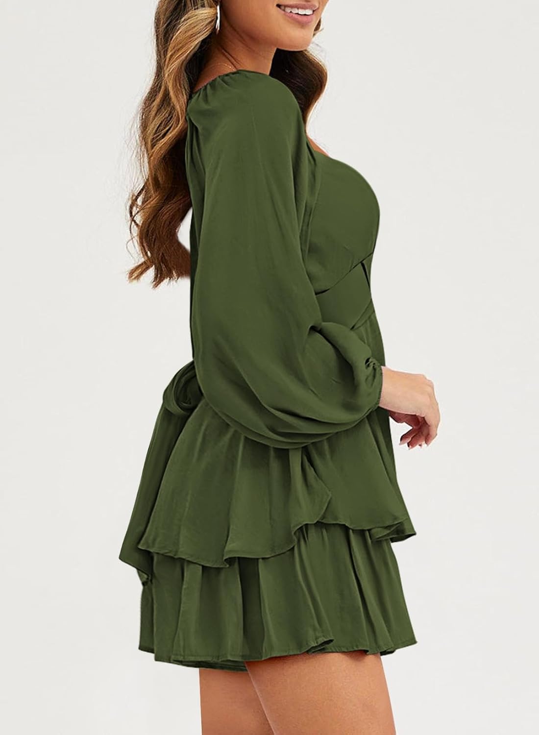 Fixmatti Women off Shoulder Rompers Lantern Long Sleeve Ruffle Tie Mini Shorts Jumpsuit - Image 6