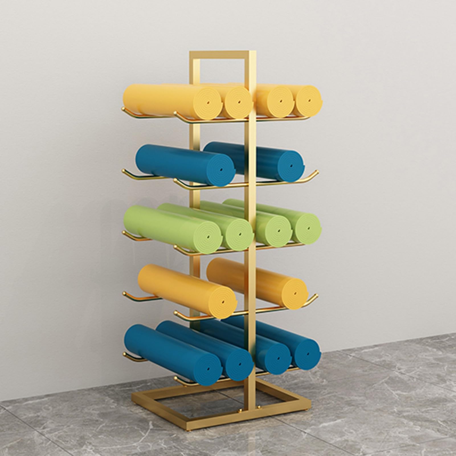 Support tapis de yoga doré mural pour ranger blocs et élastiques