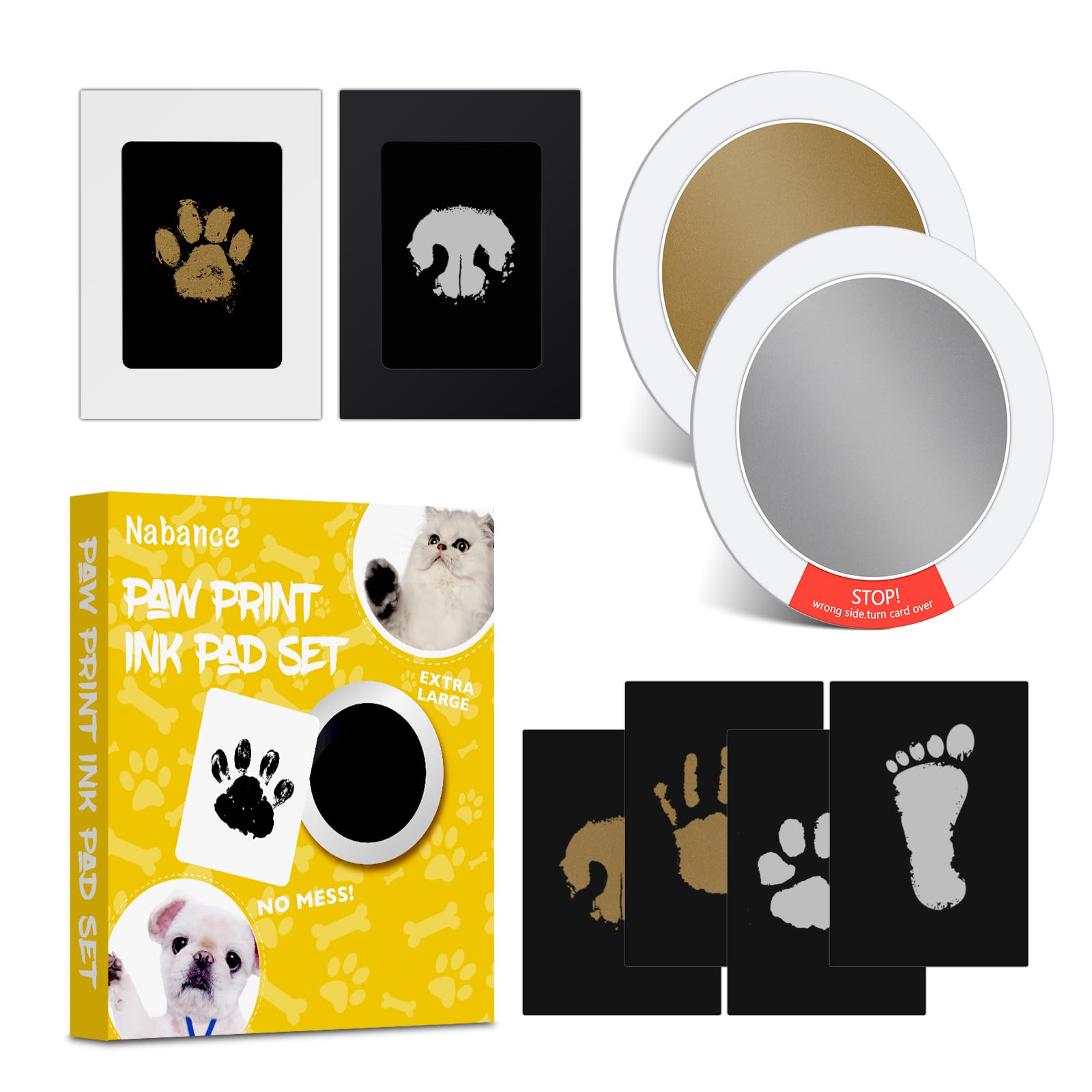 Nabance Paw Print Kit, Dog Nose Print Kit, Mess-Free Gold & Silver Paw Print Ink Pads, 8Pcs Pet Paw Print Impression Kit with Photo Frames, Safe Clean Touch Ink Pads, Nose Print Stamp Pad for Dogs Cat