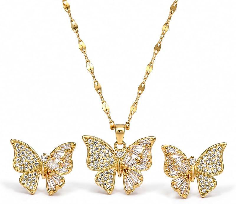 Juego de collar y aretes de mariposa chapados en oro de 14 quilates para mujer | Delicada gargantilla de cadena de acero inoxidable minimalista con incrustaciones de circonita cúbica, elegantes regalos de joyería de moda