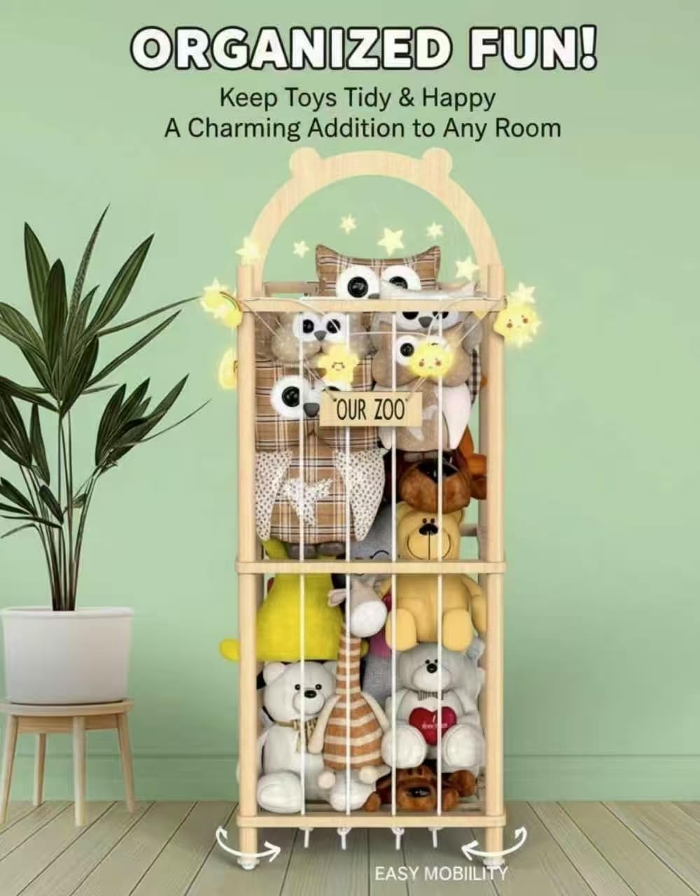Movable Natural Wood Stuffed Animal Zoo Storage, Patterned Stuffed Animal Storage with Zoo Theme, Elastic Band-Equipped Stuffed Animal Holder, for Nursery/Play Room/Bedroom