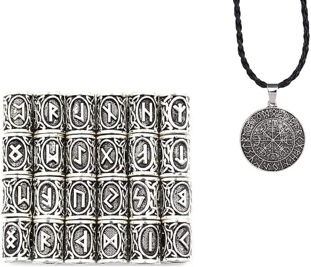 24 Pieces Norse Viking Rune Beads Hair Beard Pendant and Compass Pendant for Bracelet Pendant Necklace Beard Dreadlocks Hair DIY Bracelet Jewelry Pendants (Silver)