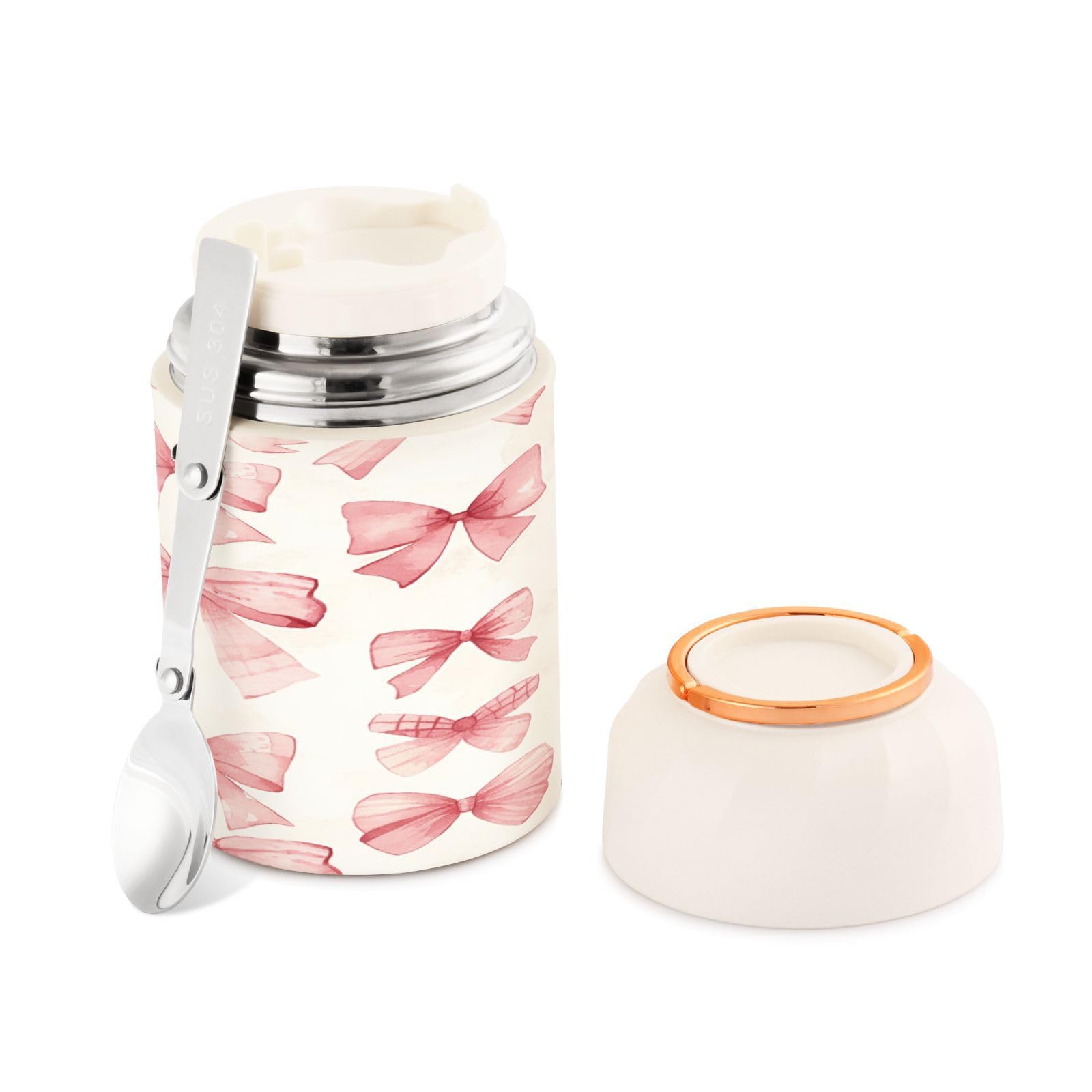 Ewusp Pink Bow Food Flask for Adults 500ml Stainless Steel Double Walled Vacuum Insulated Food Jar with Folding Spoon BPA Free Leakproof Soup Container