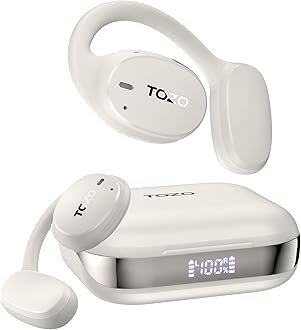 TOZO OpenEgo True Wireless Open Ear Headphone, 5.3 Bluetooth Sport Earbuds with Earhooks for 80H Playback with Digital Display, 32 EQ Modes Dual Mic Clear Call Sweat-Proof for Running Matte White