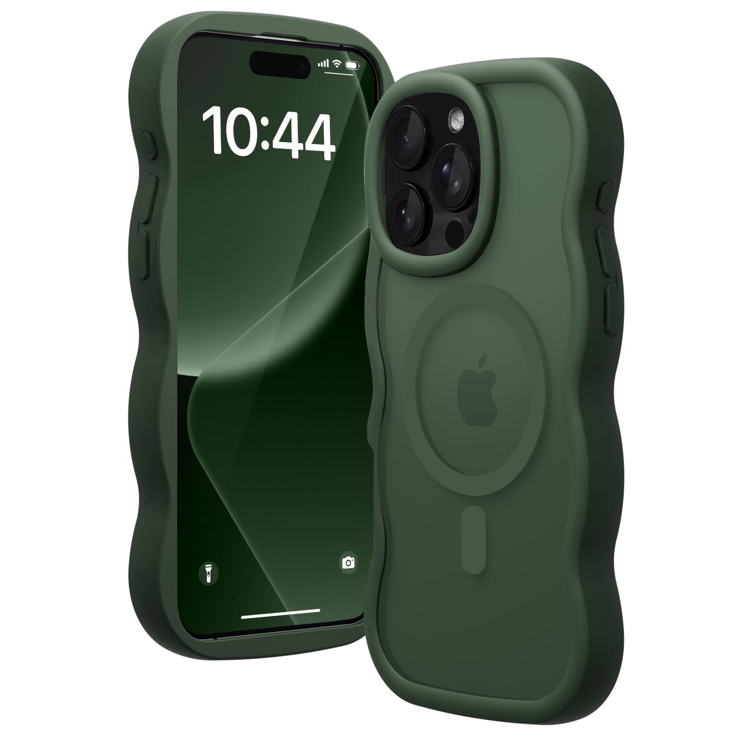 Amzfield iPhone16 Pro ケース MagSafe対応 ダークグリーン ウェーブ半透明マット 耐衝撃 指紋防止 マグネット付き