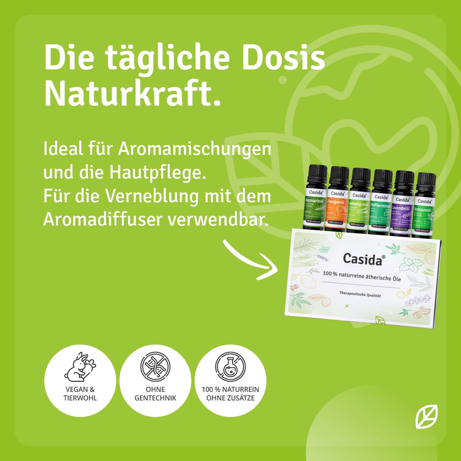 Casida Ätherische Öle Set – 100% naturreine, ätherische Öle - für Aromatherapie Aroma Diffuser, Luftbefeuchter, Hautpflege, Massage - 6x 10ml