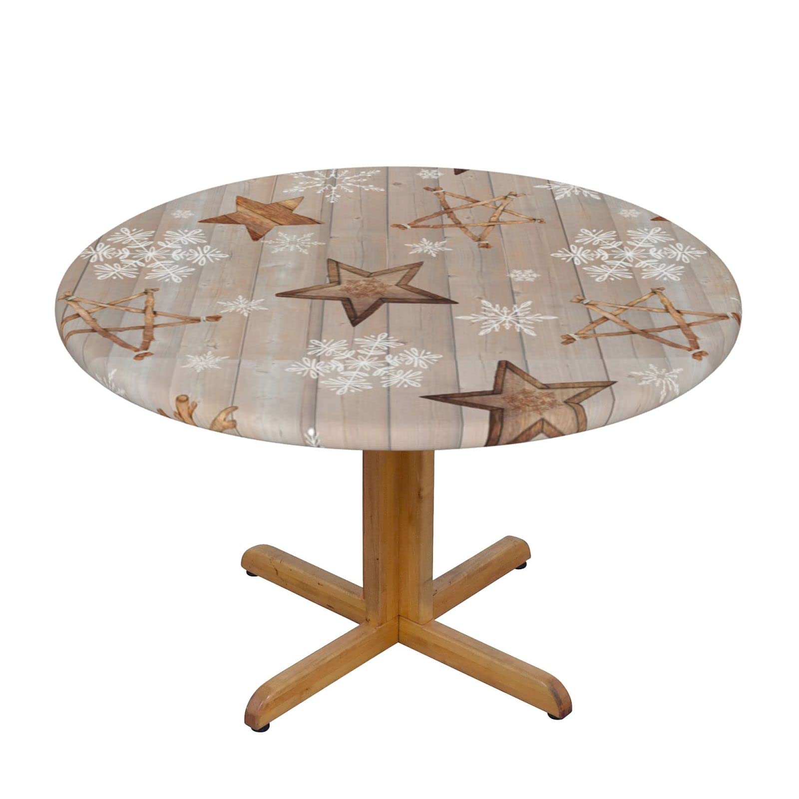 Lsjuee Round Fitted Tablecloth 40-44in Elastic Edged Table Cloth for Kitchen Dining Party Home Decor - Snowflake Star Wood