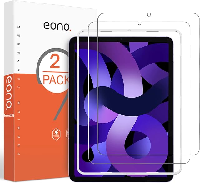 Amazon Brand-Eono 2 Pack Screen Protector for iPad Air 5 2022, iPad Air 4 2020, Tempered Glass for iPad Air 5th, 4th generation 10.9 inches, Bubble Free, Anti Scratch, Alignment Frame