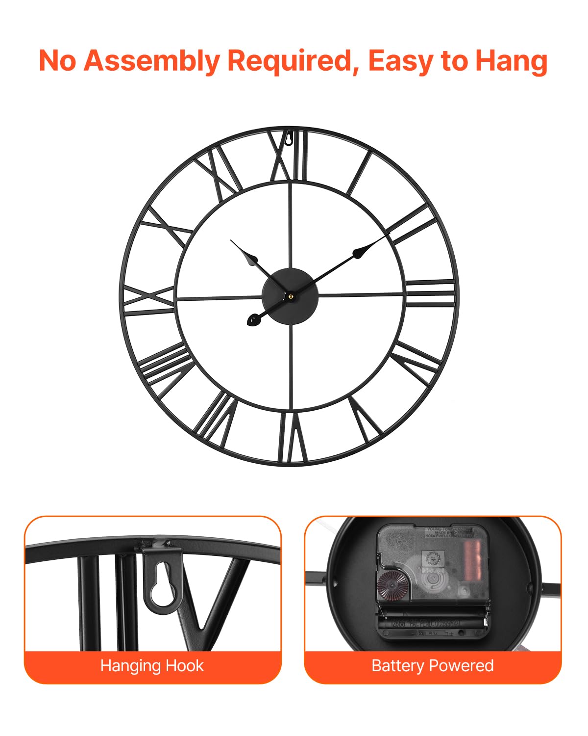 VEVOR Reloj de pared grande, reloj de pared de 24 pulgadas, números romanos, funciona con pilas, silencioso, clásico, decorativo, redondo, para sala de estar, dormitorio, oficina, cocina, comedor,